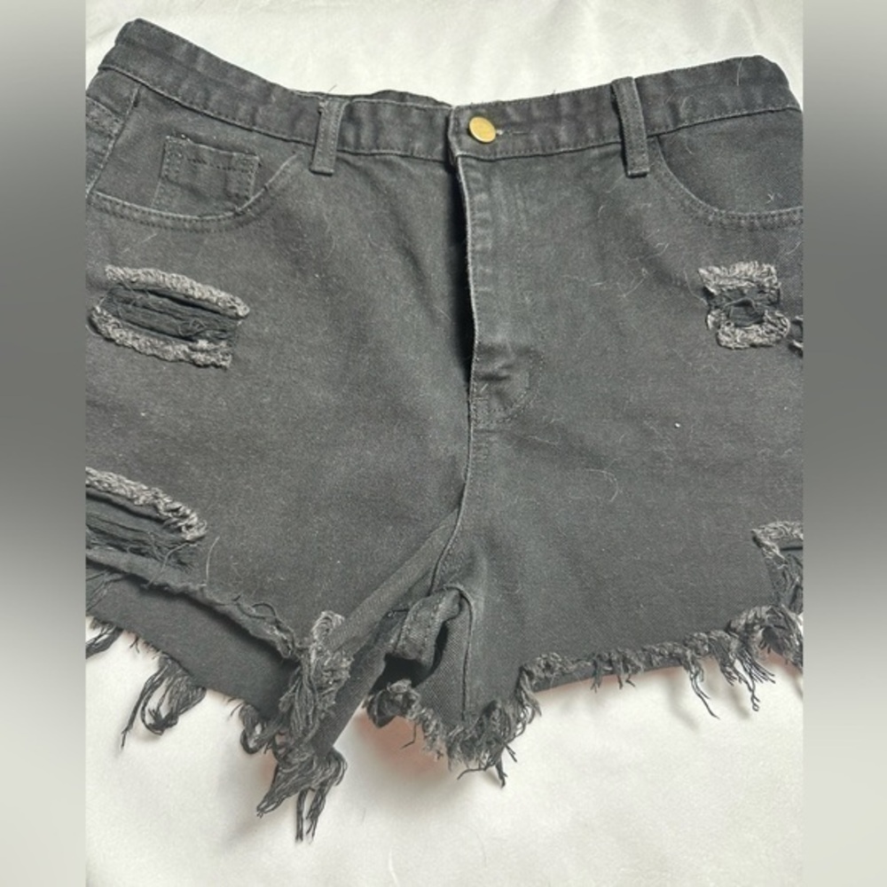 “SHEIN” black denim high waisted distressed jean shorts